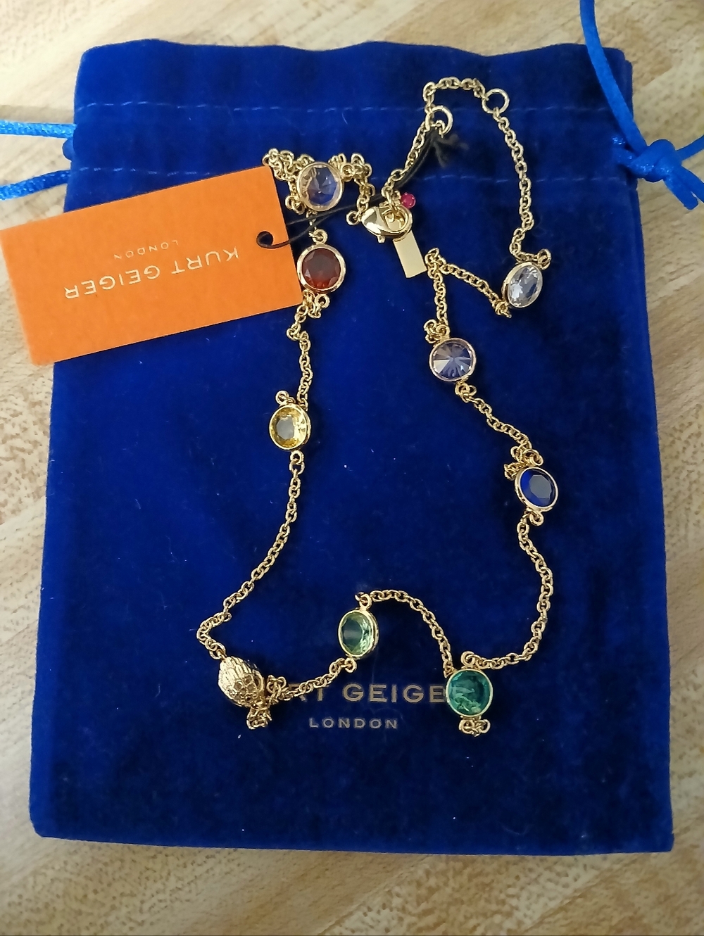 ❤️Kurt Geiger NWT Long Gold & Colored Stone Necklace & Dustbag